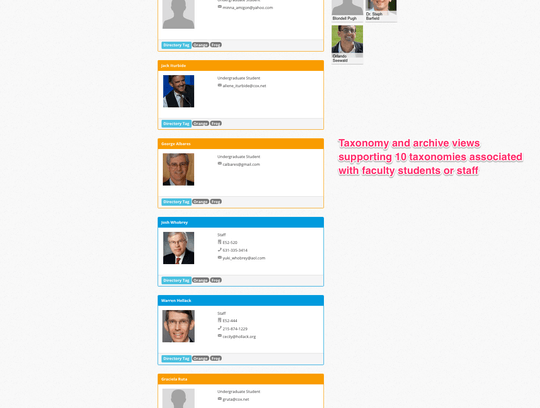Campus Directory Pro WordPress plugin people entity is linked to 10 different taxonomies which can be used in searches Campus Directory Pro WordPress plugin people entity is linked to 10 different taxonomies which can be used in searches